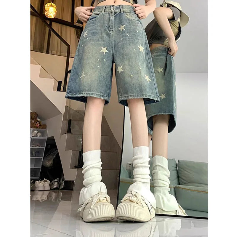 American Style Vintage Short Jeans High Waisted Washed Wide Leg Denim Pants Do Old Star Knee Length Shorts
