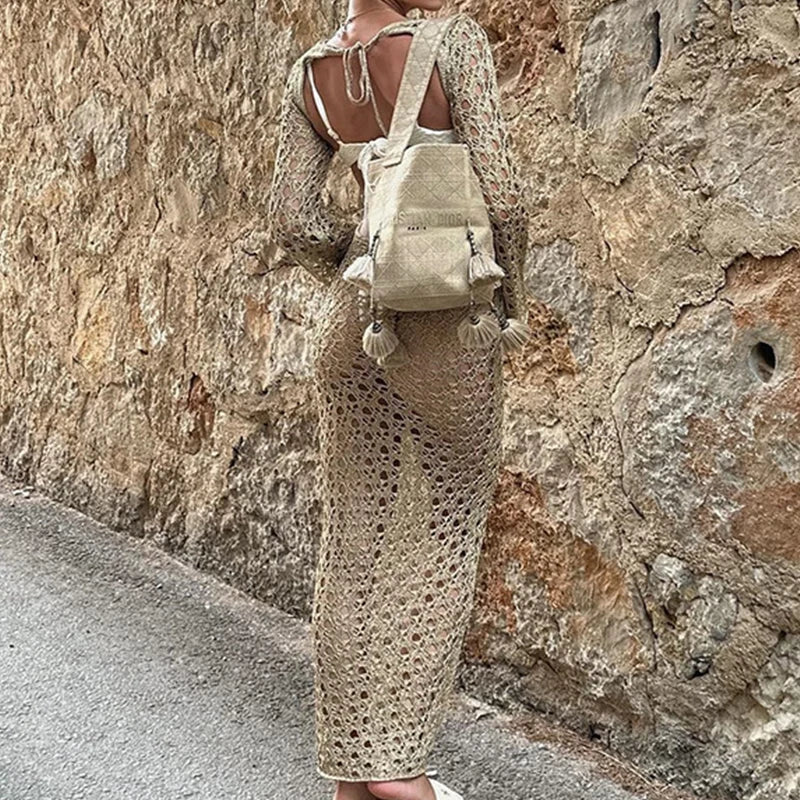 Round Collar Long Sleeve Wrap Dress Knitting Hollow Out Beachwear Cover Up Holiday Beach Elegant Long Dress