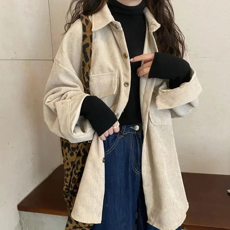 Corduroy Jacket Versatile Retro Mid-Length Shirt Top Trendy Ins Style Sleeveless Coat