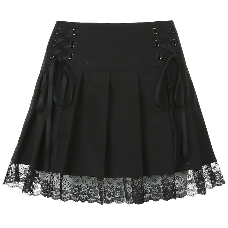 Goth Mall Gothic Pleated Mini Skirts Vintage Harajuku Emo Alt Clothes High Waist Lace Ruffles Skirt Harajuku Korean Style