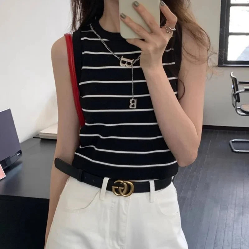 Striped Stretch Vest Basic Versatile Short Top Clothing
