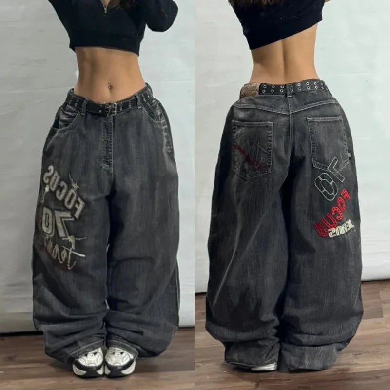 American Letter Embroidery Stitching Old Baggy Jeans Y2K Harajuku High Waist Wide Leg Trousers