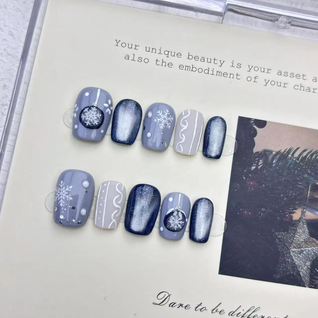 10pcs Handmade Press on Nails Christmas Frozen Blue Cat-Eye Full Coverage Nail Tips