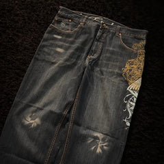 American Oversize Pattern Embroidered Baggy Jeans Y2K Gothic Harajuku Hip Hop Straight High Waist Wide Leg Pants