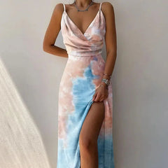 Print Dress Camisole V Neck Sleeveless A Line Long Dresses Spaghetti Strap Evening Skirt Prom Vestidos