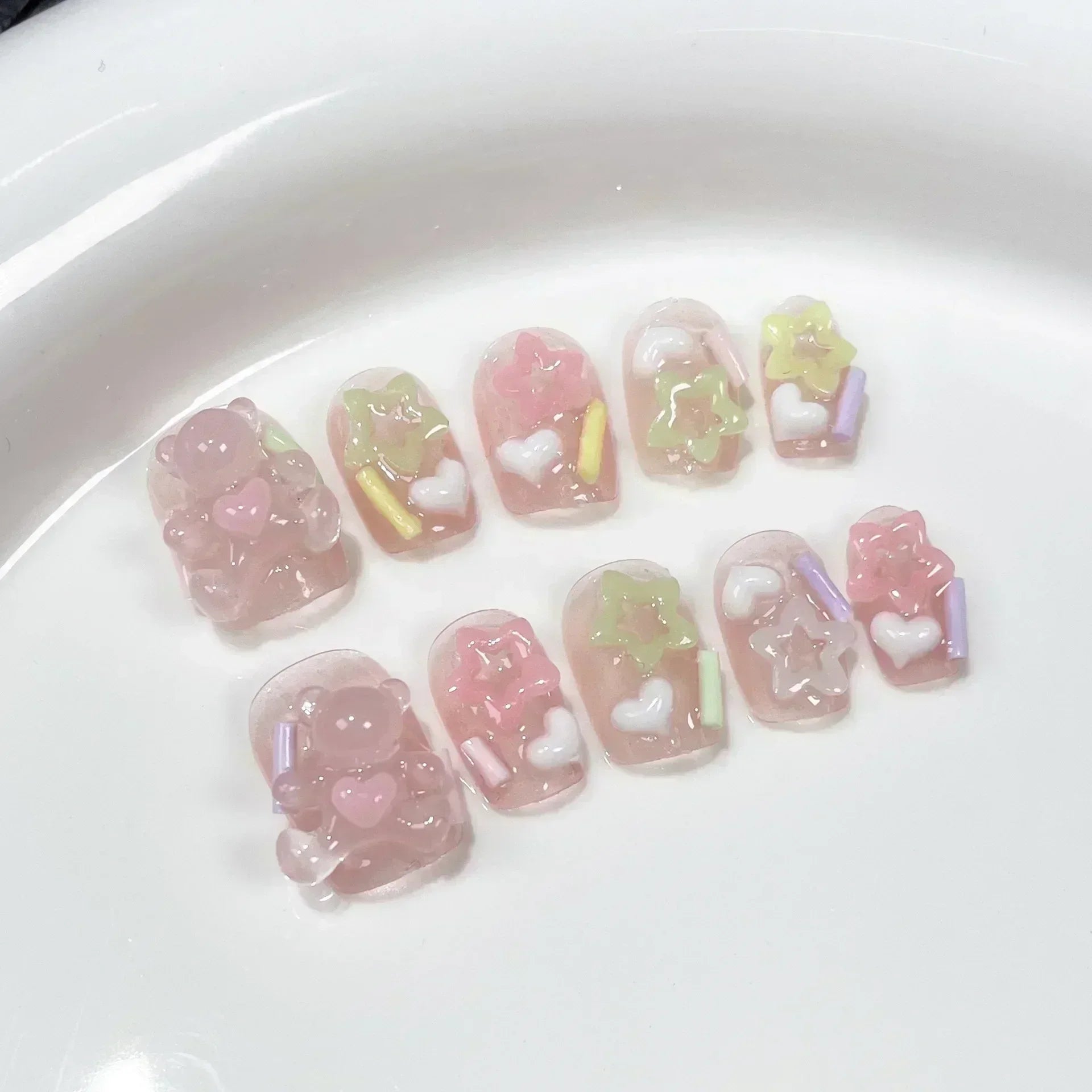 10Pcs Cute Handmade Press on Nails Short Korean Fake Nails with 3D Star Moon Nail Art Rhinestone Heart Artifical False Nails Art