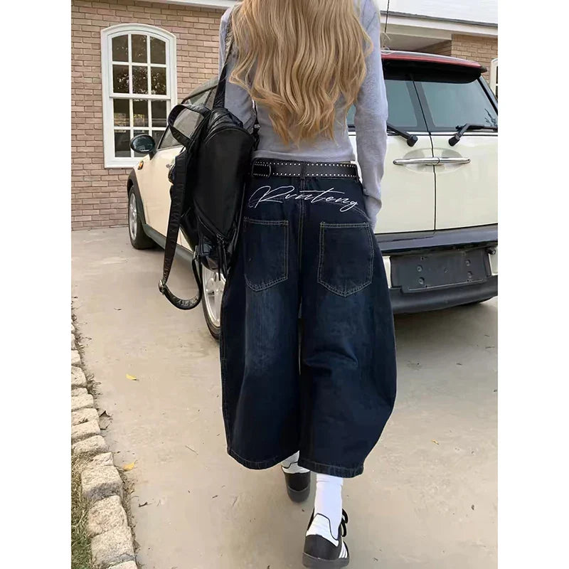 Blue Retro Y2K 2000s Wide Leg Baggy Casual Denim Trouser High Waist Loose Jeans Harajuku Full Length Pants