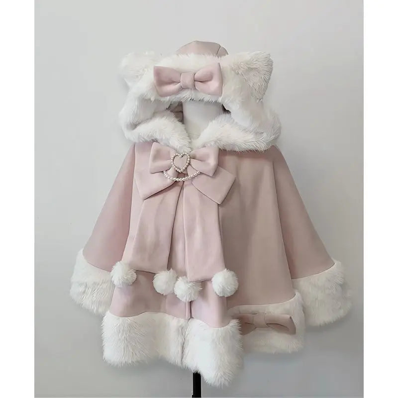 Lolita Shawl Overcoat Design Bow Hooded Patchwork Kawaii Cope Coat Warm Chic Sweet Christmas Coat