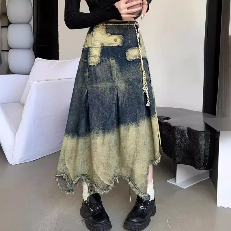 Vintage Cross Fringed Denim Skirt, High Waist A-line Slimming Irregular Mid Length Skirt,