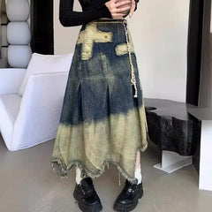 Vintage Cross Fringed Denim Skirt, High Waist A-line Slimming Irregular Mid Length Skirt,