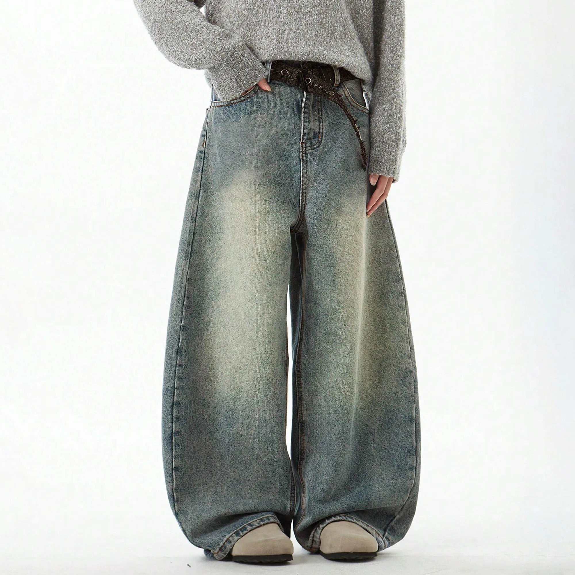 Wear Blue Wide-Leg Denim Pants Baggy Jeans Vintage Three-Dimensional Cut Curved Knife Jeans Loose Fit Trend