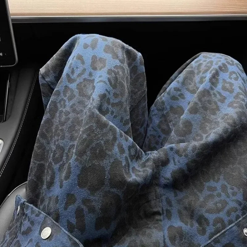 Style American Vintage Leopard Print High-end Feel Loose-fit Straight-leg Wide Leg Jeans