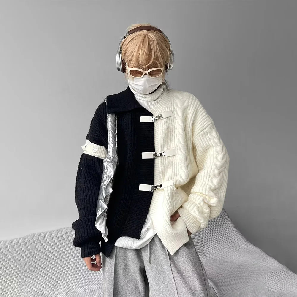 Sweater Y2k Splicing Button Knitted Jacket Niche Streetwear Soft Knitwear Personality Youthful Casuals Clothing