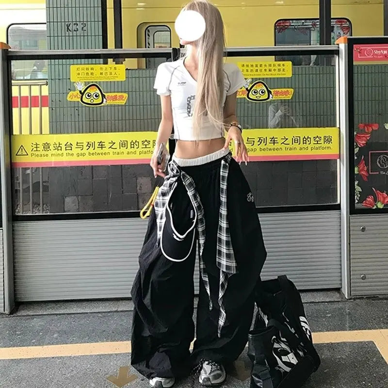 Y2K Black Cargo Pants Streetwear Plaid Patchwork Baggy Sweatpants Harajuku Wide Leg Joggers Korean Casual Trousers