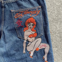 Y2K jeans Letter Harajuku print pattern Vintage High Waist Wide Leg Jeans American style Goth Hip Hop Streetwear