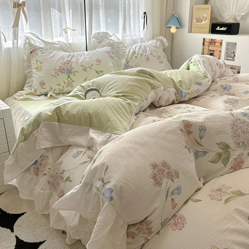 1.5/1.8 Korean Style 100% Cotton Fitted Sheet Sets with Lace Flower Print Bedding Set