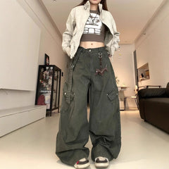 Retro Green Work Pants High Waist Wide Leg Loose Fit