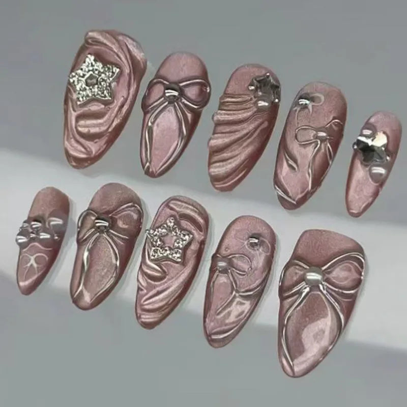 24Pcs Black Y2k Long False Nails with Almond Head Design Cat's Eye Silver Stripe Pattern Press on Fake Nails Wearable Nail Tips