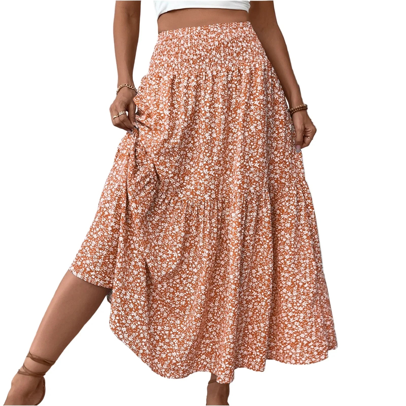 Pleated Floral Print Elastic Waist Loose Splicing A Line Skirt Skirts