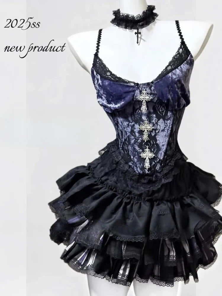 Gothic Retro Fur Trim Corset Design Suit Y2k Slim Lolita Elegant 2 Piece Sets Korea Style Chic Outfits