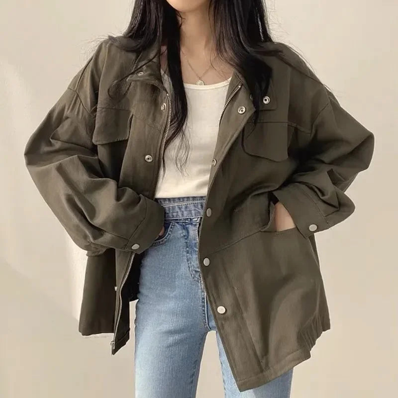 Retro Korean Chic Utility Jacket Waist Cinching Drawstring Slimming Coat Fake Pocket Design Elegant Style