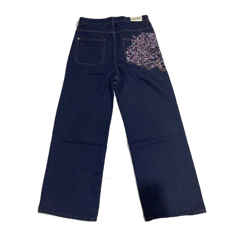 Y2K Baggy jeans Cherry Blossom Selvedge Embroidery Denim Pants denim fabric American Hiphop Streetwear Wide Leg Jeans