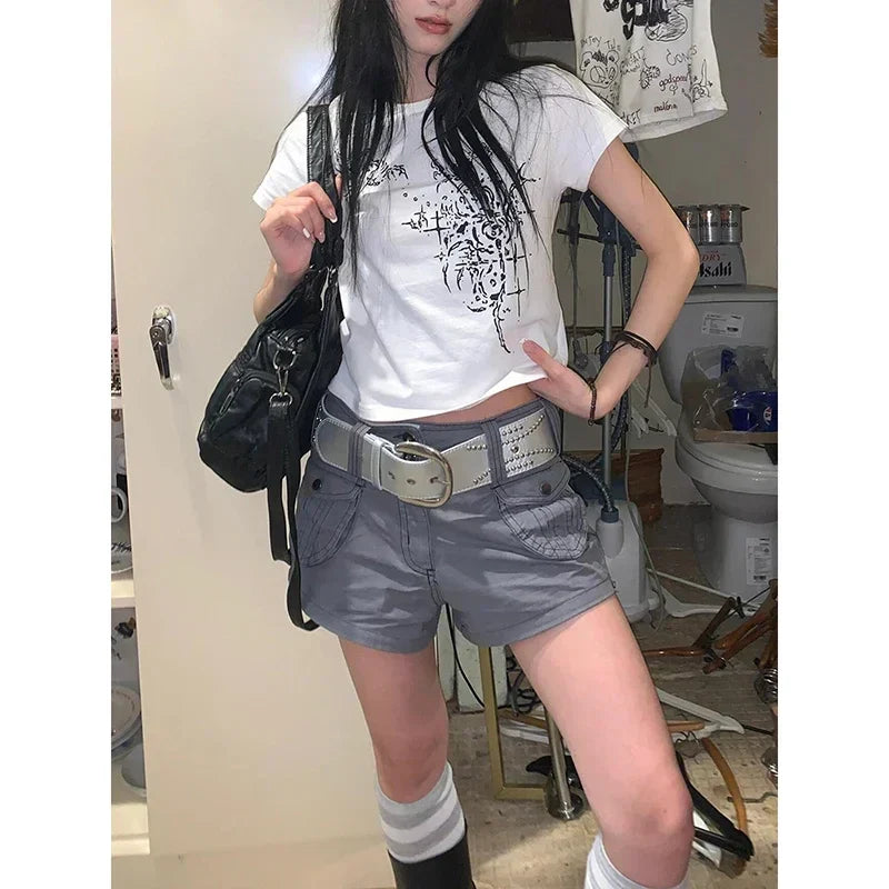 Hip Hop Pocket Y2K Harajuku Cargo Shorts American Retro Gray Streetwear 2000s Aesthetics Vintage Short Pants