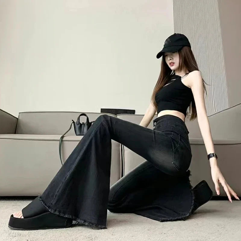Lucyever Skinny Flare Jeans Vintage Slim Fit High Waist Denim Pants Y2K Streetwear Wide Leg Trousers