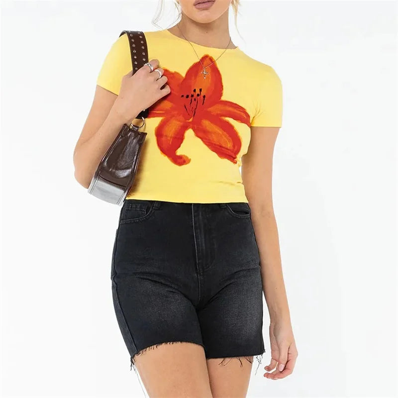 Xingqing y2k Crop Top 2000s Baby Tee Floral Print Round Neck Short Sleeve T Shirt Fairycore Clothes Streetwear
