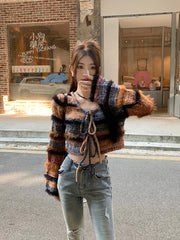 Korean style Streetwear Long-sleeved Cardigan Striped Knit Sling Dress Two-piece Suit