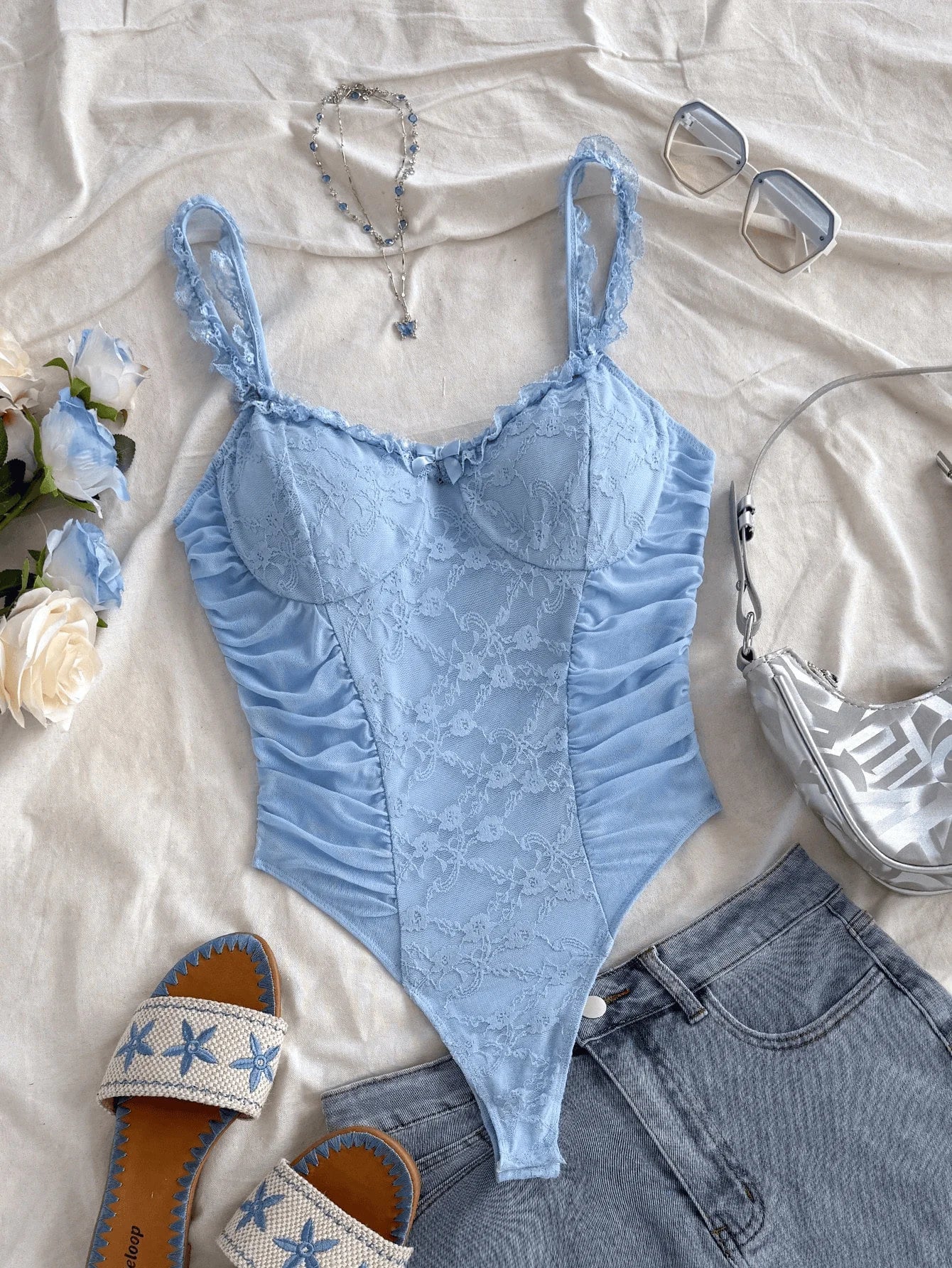 Spring/knitted fabric Romantic lace wooden ear edge casual holiday retro onesie