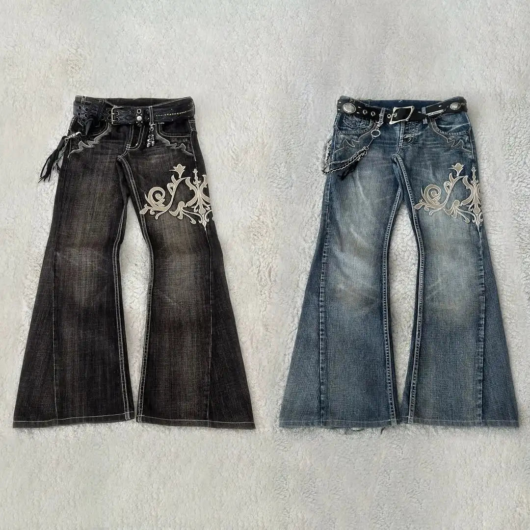 Y2K American retro embroidery pattern horn -shaped jeans street Gothic slim mop pants jeans
