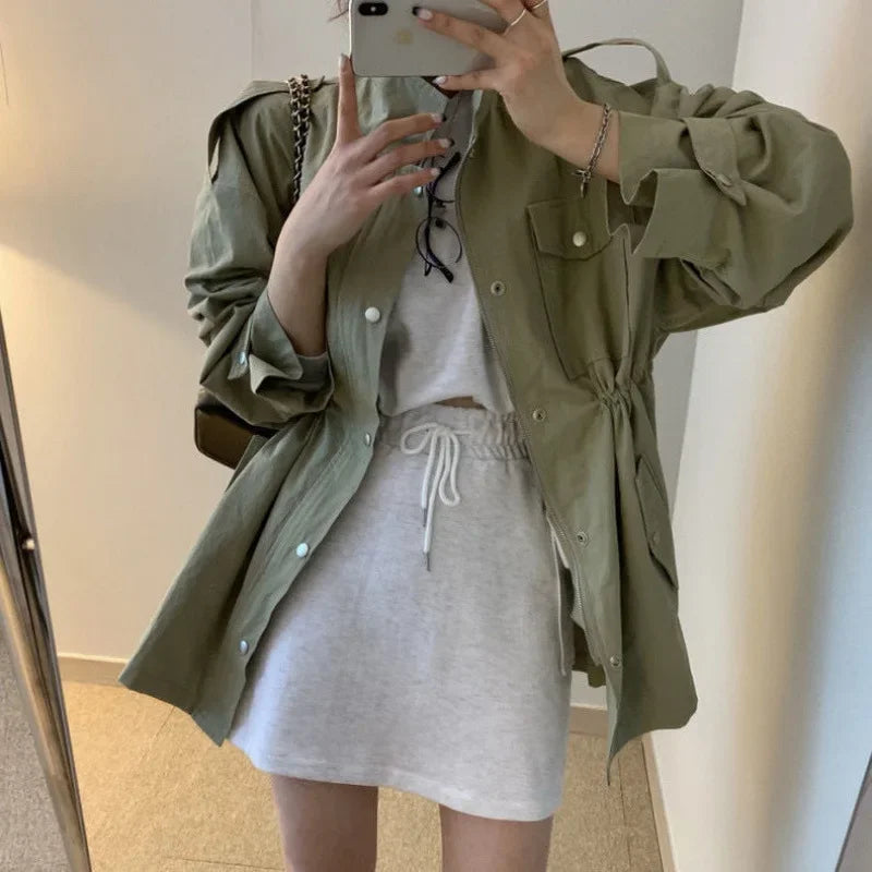 Korean Chic Vintage Lapel Zipper Style Windbreaker Polyester Fiber Full Sleeve Versatile Slimming Pleated Waist
