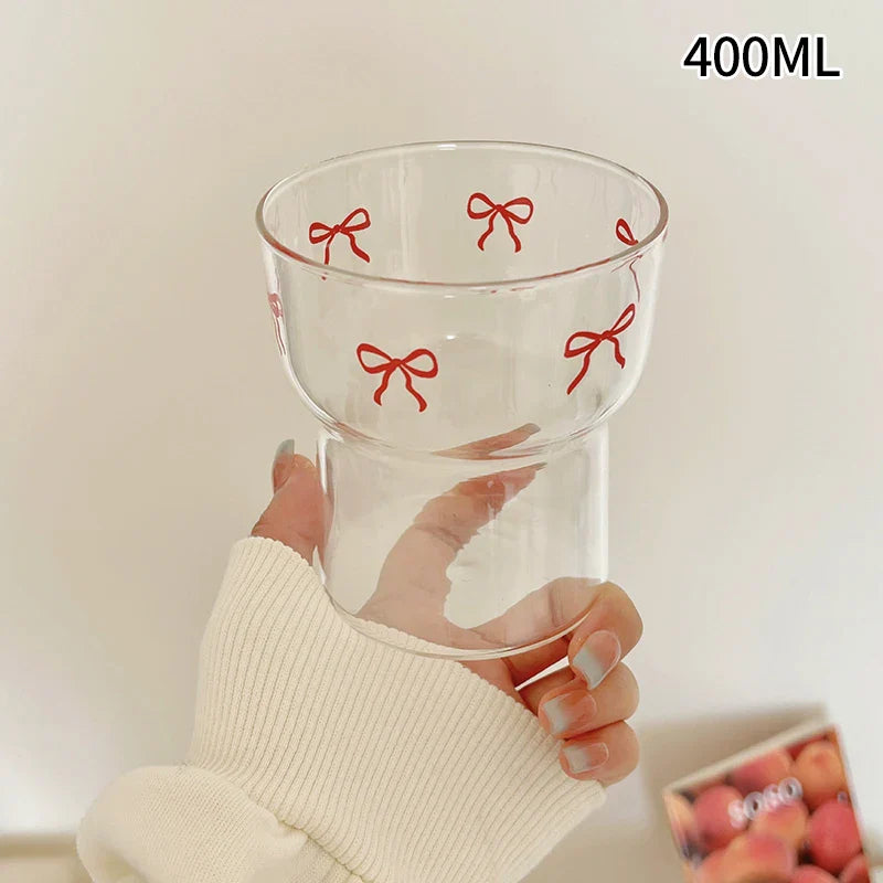 INS Pink Bow Glass Cups Iced Coffee Mug Clear Drinking Glasses Tumbler Milk Tea Juice Water Cup Dessert Cups Drinkware 260-380ML
