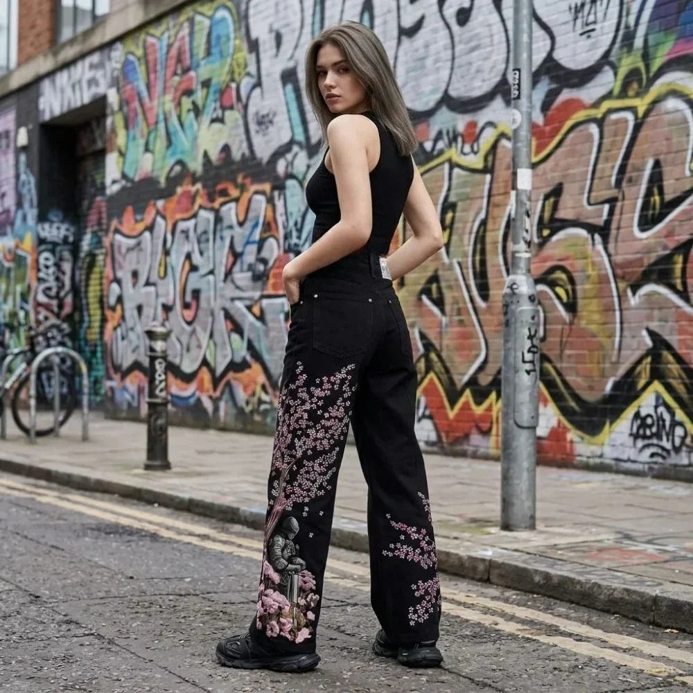 Hip Hop Cherry Blossom Embroidery Baggy Jeans Harajuku Wide Leg High Waisted Denim Pants Y2k Trend Jeans Clothing