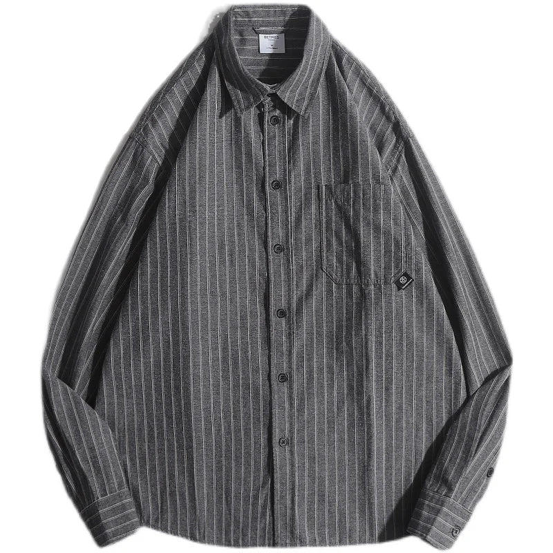 Japanese Retro Vintage Striped Shirt Long Sleeve Loose Casual Oversized Blouse Ins Trendy Top Streetwear