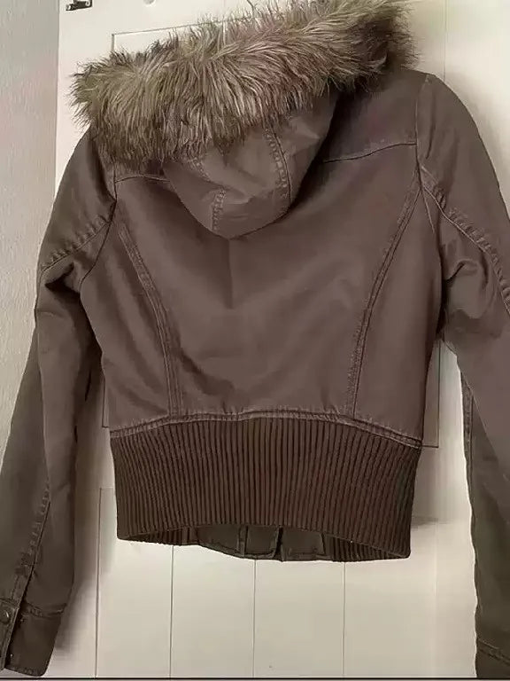 Vintage Fur Trim Hooded Bomber Jacket Brown Zipper Coat with Sherpa Lining Ribbed Cuffs Y2K Keep Warm Coats