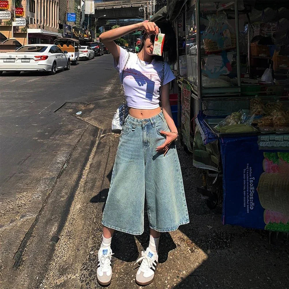 American Style Vintage Baggy Jeans Y2k Loose Washed High Waist Knee Length Denim Pants Streetwear Wide Leg Shorts