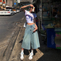 American Style Vintage Baggy Jeans Y2k Loose Washed High Waist Knee Length Denim Pants Streetwear Wide Leg Shorts