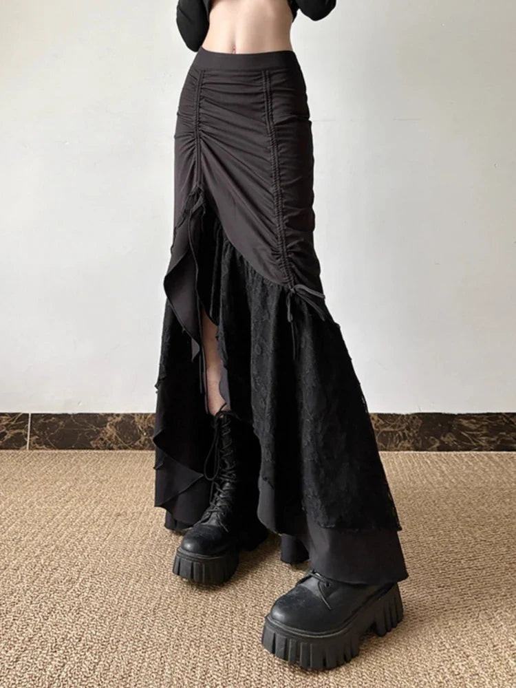 Y2k Spicy Girl Skirts Solid Color Lace Patchwork Draw String Irregular Long Skirt Harajuku Design Streetwear Clothing