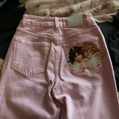 Y2K Light Pink Baggy Straight Leg Jeans Clothing Harajuku Classic Angel Graphic Printed Trousers Gothic High Waist Pants