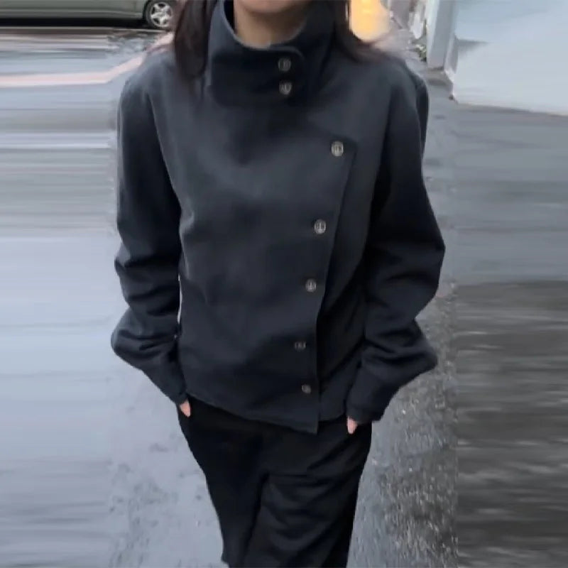 Y2K Harajuku Retro Functional Style Slant Collar Jacket Gothic Stand Collar Easy Jacket Street Black Jacket
