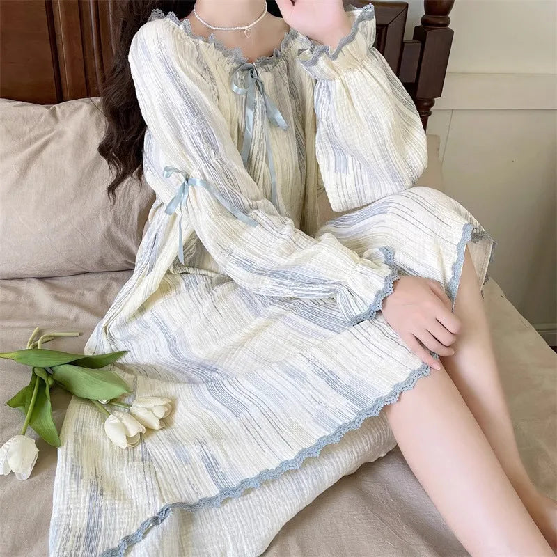 Pajamas Dress Princess Style Sweet Long Sleeve Nightdress Round Neck Wide Striped Bow Cute Girly Midi Dress Night Wear