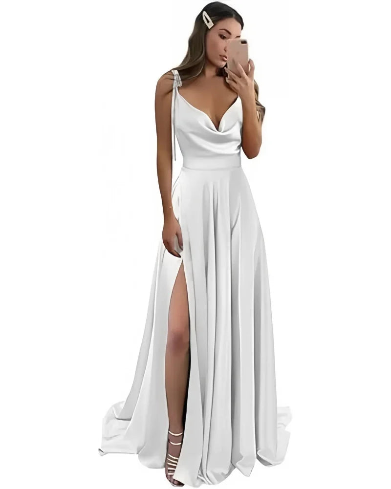 Satin Prom Dresses Pockets Draped Neck Long