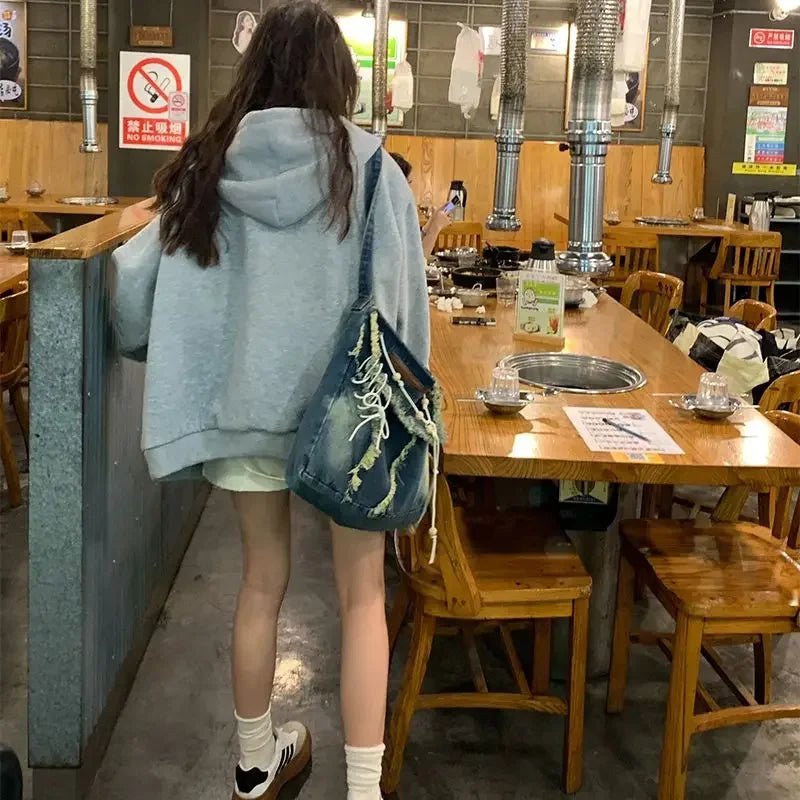 Brown Zip Up Hoodie Lattice stitching Long Sleeve Casual Oversized Sweatshirt Solid Jacket Clothing