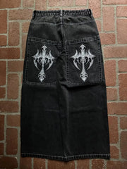 Gothic Cross Print Black Denim Baggy Pants Mid Waist Big Pocket Design Loose Fit Hip Hop Streetwear Jeans