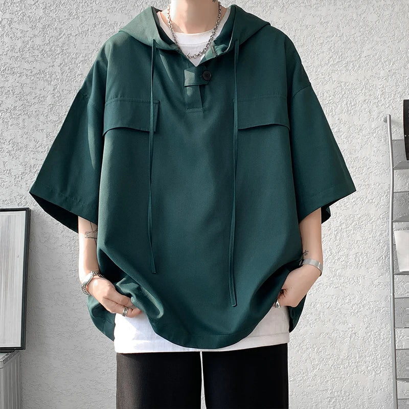 5 Colors Hooded T shirt Korean Half Sleeve Pullover Streetwear Loose T-shirt Tops Drawstring Clothing