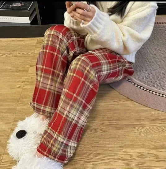 High Waist Fleece Lined Wide Leg Pants Comfortable Casual Korean Style Home Wear Slimming Trousers