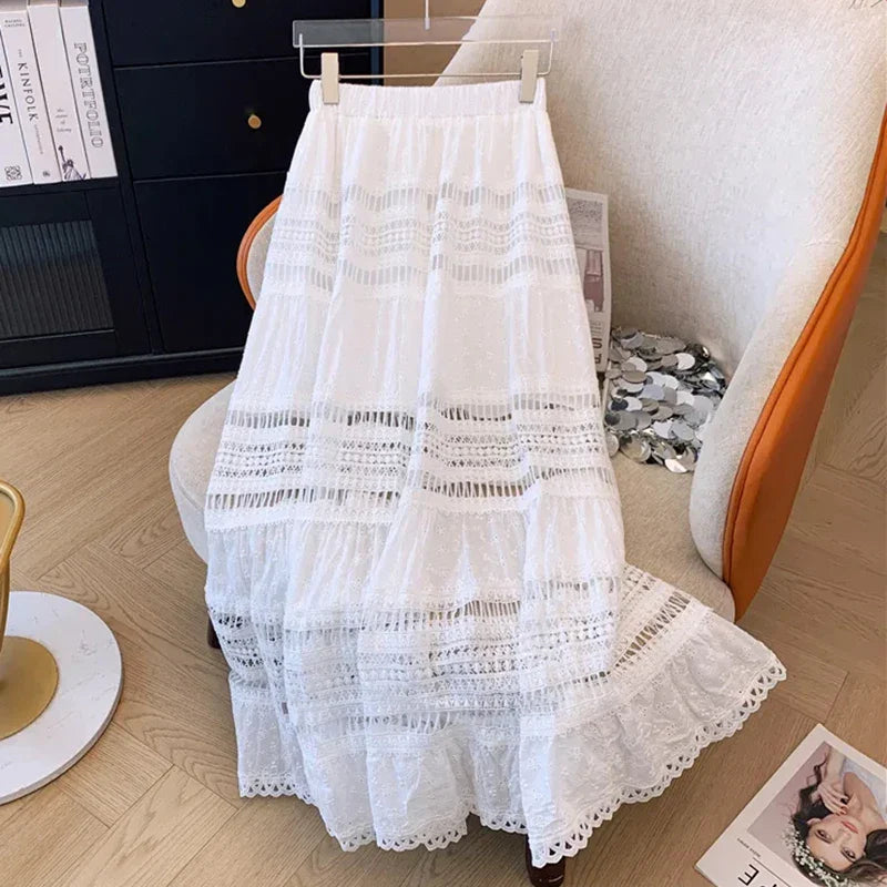 Embroidery Eyelet Cut-out Maxi Skirt White Cotton Semi Sheer Flowy Long Skirt Boho Vacation Fairycore Outfit