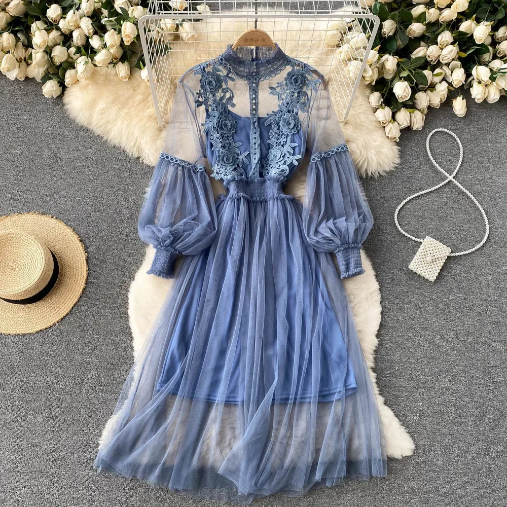 Ladies Dress Three-dimensional Flower Hook Mesh Temperament Stand Collar Lantern Sleeve High Waist Slim Dresses